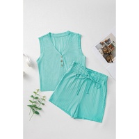 Mint Green Ribbed Button V Neck Tank Top and Shorts Set - M thumbnail