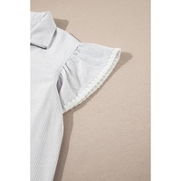 Gray Stripe Zipped up Collar Ruffled Sleeve Tee and Wide Leg Pants 2pcs Outfit - M thumbnail