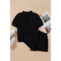 Black Half Zip Puff Sleeve Top and Ruffled Shorts Set - 2XL thumbnail