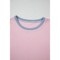 Pink Corded Colorblock Patchwork Short Sleeve Top and Loose Pants Set - M thumbnail