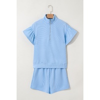 Beau Blue Ribbed Texture Half Zip Ruffled Short Sleeve Top and Shorts Set - L thumbnail
