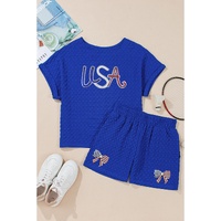 Sky Blue Sequined USA Bowknot Buttoned Back Textured Short Set - XL thumbnail