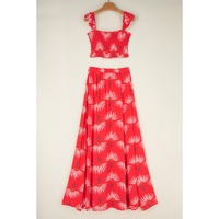 Red Floral Shirred Off Shoulder Crop Top and Slit Maxi Skirt Set - M thumbnail