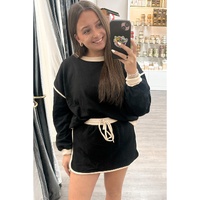 Black Color Contrast Loose Pullover and Lace-up Waist Skort Set - L thumbnail