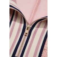 Light Pink Striped Collared Zip up Textured Skirt Set - L thumbnail