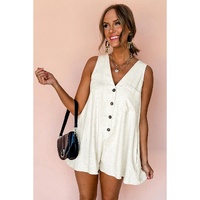 Beige Sleeveless V Neck Buttoned Front Chest Pocket Romper - L thumbnail