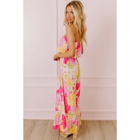 Multicolour Floral Print Ruffled High Waist Tube Top Loose Jumpsuit - M thumbnail