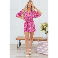 Pink Abstract Print Puff Sleeve V Neck High Waist Romper - L thumbnail