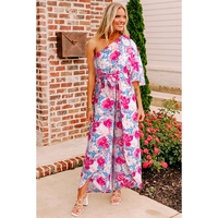 Pink Floral Print Asymmetrical Neckline Single Shoulder Drape Sleeve Belted Jumpsuit - L thumbnail