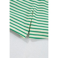 Green Stripe Textured Short Sleeve Collared Buttoned Waist Tie Romper - L thumbnail