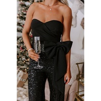 Black Sequined Tube Top Waist Knot Wide Leg Jumpsuit - M thumbnail