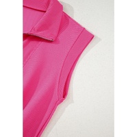 Rose Red Textured Short Sleeve Half Zip Drawstring Waist Romper - L thumbnail
