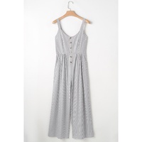 Black Stripe Half Buttoned Sleeveless Wide Leg Jumpsuit - M thumbnail