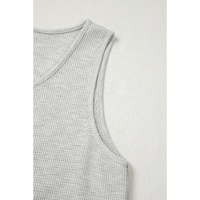 Light Grey Waffle Knit Sleeveless Buttoned Front Drawstring Waist Romper - L thumbnail