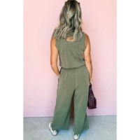 Vineyard Green Buttoned Drawstring Waist Sleeveless Wide Leg Jumpsuit - L thumbnail