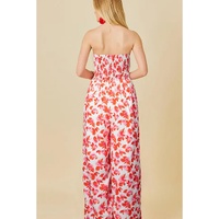 Pink Floral Print Twisted Bandeau Keyhole Pleated Wide Leg Jumpsuit - L thumbnail