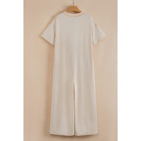 Beige Half Placket Chest Pockets Short Sleeve Wide Leg Jumpsuit - L thumbnail