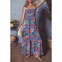 Pink Floral Smocked Bust Spaghetti Straps Wide Leg Jumpsuit - L thumbnail