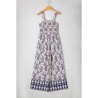 Blue Boho Geometric Print Shirred High Waist Wide Leg Jumpsuit - L thumbnail
