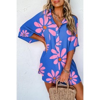 Blue Summer Flower Print Shirt Collar Button Front Loose Romper - S thumbnail