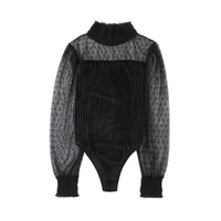Black Sheer Dotty Long Sleeve Ribbed Velvet Bodysuit - M thumbnail