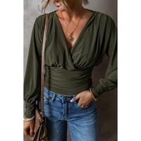 Moss Green Ruched Wrap V Neck Long Sleeve Bodysuit - L thumbnail