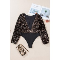 Black Deep V Back Sequin Puff Sleeve Bodysuit - XL thumbnail