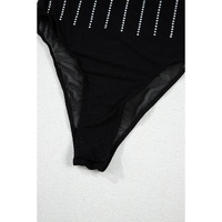 Black Rhinestone Decor Striped Mesh Long Sleeve Bodysuit - XL thumbnail