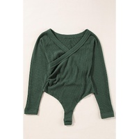 Blackish Green Waffle Knit Slim Fit Wrap V Neck Bodysuit - S thumbnail
