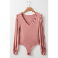 Fushia Plain V neck Long Sleeve Casual Bodysuit - L thumbnail