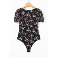 Black Floral Print U Neck Short Puff Sleeve Bodysuit - XL thumbnail