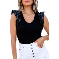Black Leatherette Ruffle Patchwork Ribbed V Neck Bodysuit - S thumbnail