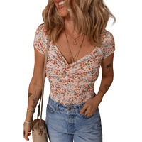 Orange Short Sleeve Floral Ruched Sweetheart Bodysuit - L thumbnail