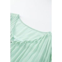 Green Pleated Ruffled Tie Waist Buttons V Neck Romper - M thumbnail