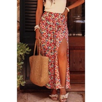 Red Floral Print Wide Waistband Side Slit Maxi Skirt - XL thumbnail