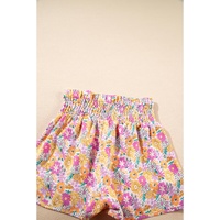 Pink Boho Floral Shirred High Waist Casual Shorts - L thumbnail