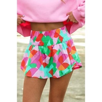 Green Abstract Print Smock Waist Casual Shorts - XL thumbnail