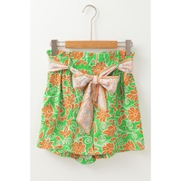 Green Floral Print Pocketed Front Knot High Waist Casual Shorts - S thumbnail