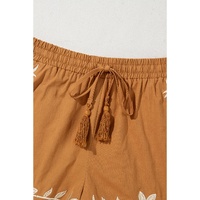 Khaki Embroidered Boho Tasseled Drawstring Elastic Waist Casual shorts - L thumbnail