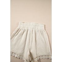 Apricot Textured Frilled Knotted High Waist Lace Hem Shorts - M thumbnail