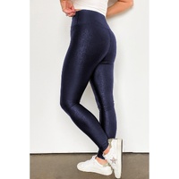 Navy Blue Crossed Dip Waist Sleek Leather Leggings - XL thumbnail