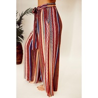 Red Boho Ethnic Striped Print Tie Waist Wide Leg Pants - S thumbnail