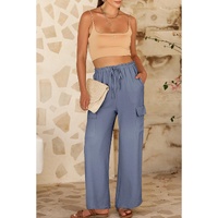 Dark Grey Drawstring Frilled Waist Wide Leg Utility Trousers - L thumbnail