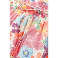 Pink Floral Smocked Waist Loose Pants - L thumbnail