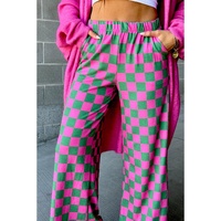 Green 2-Tone Checked Print High Waist Wide Leg Pants - L thumbnail