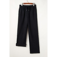 Black Solid Color Fleece Lined Drawstring Waist Casual Pants - M thumbnail