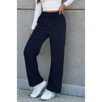 Navy Blue Solid Color Fleece Lined Drawstring Waist Casual Pants - L thumbnail