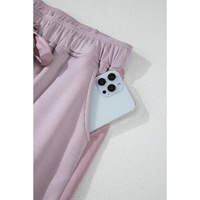 Orchid Petal Drawstring Waist Satin Stripe Patch Straight Leg High Waist Pants - L thumbnail