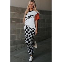 Black Checkerboard Elastic Waist Pocketed Joggers - M thumbnail