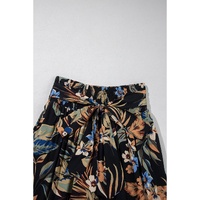 Multicolour Floral Shirred High Waist Wide Leg Pants with Tie - L thumbnail
